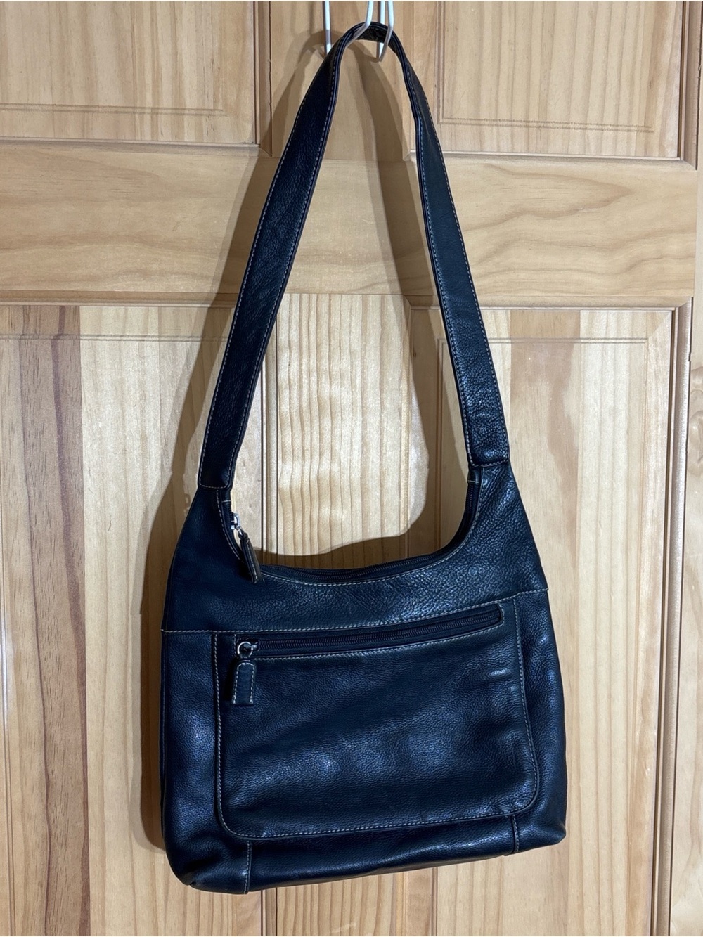 Tignanello Italian Black Pebbled Leather Shoulder Bag. Multiple zippers.